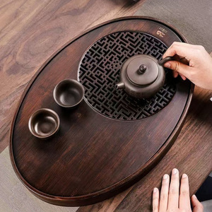 Plateau à thé ovale en bambou, petit, pour usage domestique, avec rangement d'eau pour infusion à sec, finition vernie, facile à nettoyer - Product Image 1