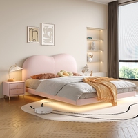 Lit double Yisi de style italien avec dossier nuage suspendu, cadre en bois massif, acier inoxydable, moderne et minimaliste, en cuir