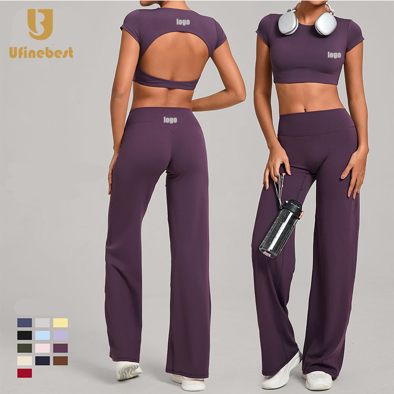 Qiusha Lightweight Solid Breathable Yoga Two-piece Suit Tight Backless High Waist Elastic Waist Quick-drying Straight Leg Pants