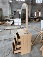 Miroir de coiffure en bois avec armoire, double face, LED, texture cannelée, pour salon, avec rangement