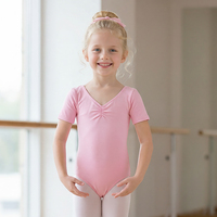 Justaucorps de ballet pour enfants en coton rose à col froncé, col en V, manches courtes, haute élasticité, doux pour la peau, confortable, vente en gros personnalisée