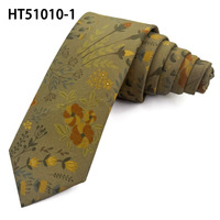 Corbata de Algodón Casual Color Verde Mostaza con Diseño de Flores Silvestres, Corbata Personalizada con Logotipo para Hombre, OEM