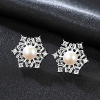 Boucles d'oreilles pendantes en argent flocon de neige exquises, micro-incrustées de zircon, motif floral géométrique, perles d'eau douce, pour femmes
