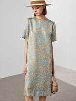 Damen Umweltfreundliches Chiffon-Seiden Waschbares Midi Sommer Blumenmuster Digital Boho-Stil A-Linien-Silhouette Kurzarm-Tunika-Oberteil