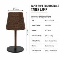 Lampe de table LED sans fil en corde naturelle, style ferme, batterie rechargeable 1800 mAh, abat-jour LED tissé à la main, télécommande tactile pour mariage