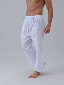 Pantalon décontracté pour homme en polyester/viscose blanc, coupe ample, longueur normale, brodé, non extensible, respirant et confortable - Product Image 1