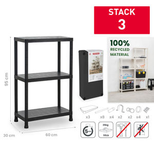 Scaffale a 3 Ripiani Nero 60x30x95 Cm in Plastica per Organizzazione Domestica Durevole e Riutilizzabile - Product Image 1