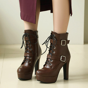 <b>Brown</b> Leather Ankle <b>Boots</b> Round Toe Platform <b>Lace</b>-Up Buckle High Heel Women's Autumn Fashion Drop Shipping - Product Image 2