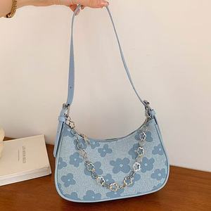 Denim <b>Shoulder</b> <b>Bag</b> with Floral Print and Chain <b>Strap</b> Crossbody <b>Bag</b> for Women - Product Image 1