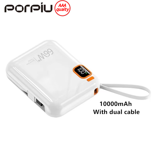 66W Fast Charging 10000mAh Power Bank with LED Display Built-in USB-C Cable PD 20W Output for iPhone & Android