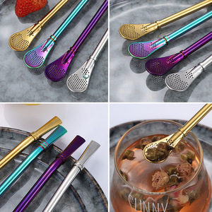 Cross-border 304 stainless steel mate tea strainer spoon, creative <b>coffee</b> and milk tea stirring straw, beverage strainer straw - Product Image 1