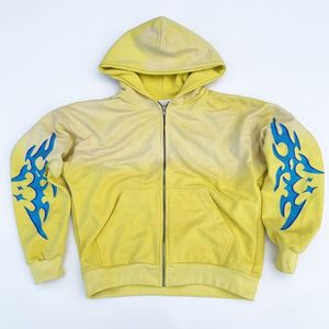 Sudadera con capucha y cremallera para hombre, de algodón grueso, estilo streetwear Y2K grunge, con lavado ácido, efecto descolorido por el sol, estampado tribal y logotipo personalizado. - Product Image 1