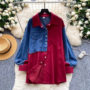 Atasan Denim Wanita Gaya Korea Baru Asimetris, Blus Wanita Model Sambung Berkerah, Kemeja Fashion - Product Image 5