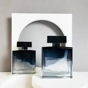 Frasco de perfume de vidro para viagem portátil com logotipo personalizado, frasco de perfume em spray para homens, 50 ml quadrado, preto e gradiente