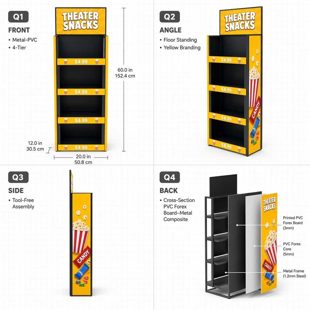 Apache Custom Candy Display Rack 4-Way 4-Tier Metal Snack Merchandiser Knock Down Floor Stand for Movie Theater OEM ODM — view 3