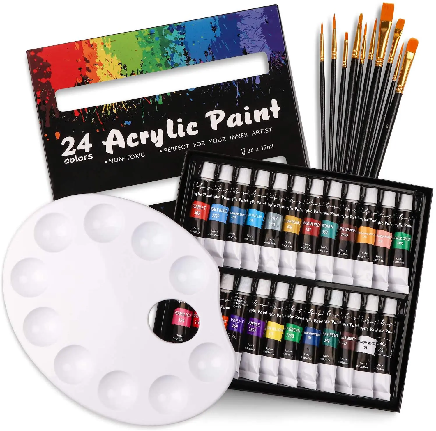 Set di colori acrilici a 24 colori con etichetta privata popolare all'ingrosso 12ml con tavolozza di pennelli per artisti