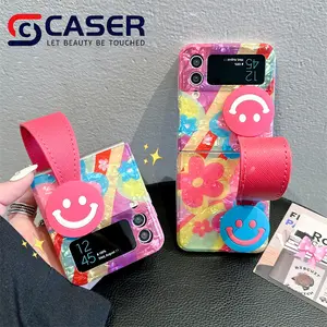 Ins casing ponsel Laser pola cangkang warna pelangi dengan braket gelang kulit putar senyum untuk Samsung Galaxy Zflip