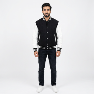 <b>Mens</b> Varsity <b>Jacket</b> Black and <b>White</b> Letterman Bomber <b>Jacket</b> Wool Body Leather Sleeves Custom College Baseball <b>Jacket</b> - Product Image 1