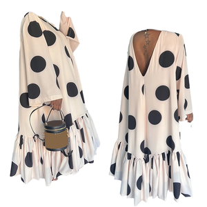 Polka Dot Maxi <b>Dress</b> Women <b>Loose</b> Long Sleeve Deep V Neck Ruffle Hem Chiffon Casual Summer <b>Dress</b> Asymmetric Design - Product Image 1