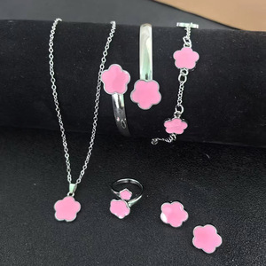 5Pcs Five Petal Flower Jewelry <b>Set</b> Alloy Necklace Bracelet <b>Bangle</b> Earring Ring Floral Stackable Daily Women Jewelry - Product Image 6