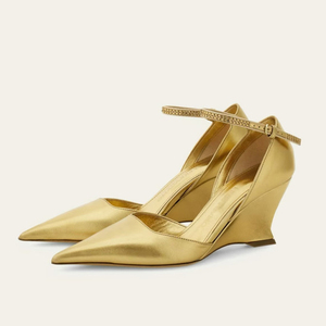 Sandalias de tacón alto con cuña y punta en pico para mujer, con logotipo personalizado, de charol, sexys, con tiras al tobillo, para verano - Product Image 1