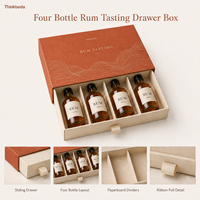 Coffret cadeau de dégustation de rhum personnalisé, quatre mini-bouteilles, emballage tiroir avec séparateurs en carton, ruban de tirage pour échantillonnage de marque