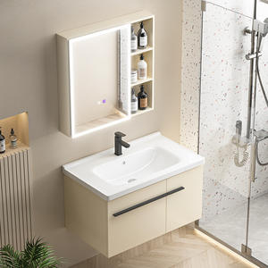 Conjunto de Mueble de Baño Moderno y Sencillo con <span class=keywords><strong>Lavabo</strong></span> de Cerámica Integrado de Color Crema, Espejo Inteligente y Gabinete de Pared - Product Image 3