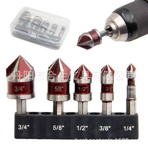 82 Degree Red Five Blade <b>Chamfering</b> <b>Tool</b> Woodworking Hole Opening Countersunk Drill Set 1/4 Shank Diameter - Product Image 4