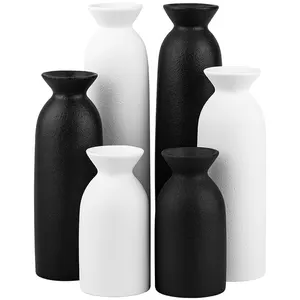 Jarrones de cerámica de color negro acanalado para decoración del hogar, jarrón cilíndrico alto de cerámica blanca, floreros de esmalte suave