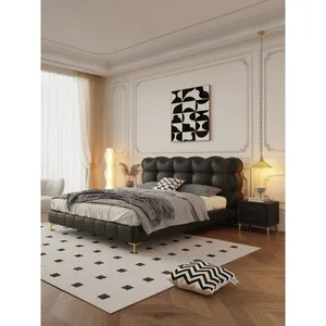 Estilo crema francés moderno simple pequeño apartamento gato rasguño tela madera maciza negro puff cama doble negra