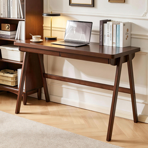 Scrivania per Computer in Legno Massello di Gomma, Stile Retrò Noce, con Cassetto e Gambe a Telaio a T, 120x55 cm, Design Robusto - Product Image 2