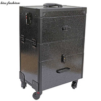 Valise de maquillage professionnelle à roulettes en aluminium et similicuir, 4 roues, avec éclairage LED, plateaux extensibles, tiroirs et couvercle miroir