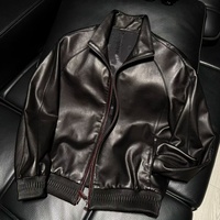 Blouson en cuir pour homme, col montant, fermeture éclair, en cuir de mouton, court, style bomber, veste d'automne et d'hiver