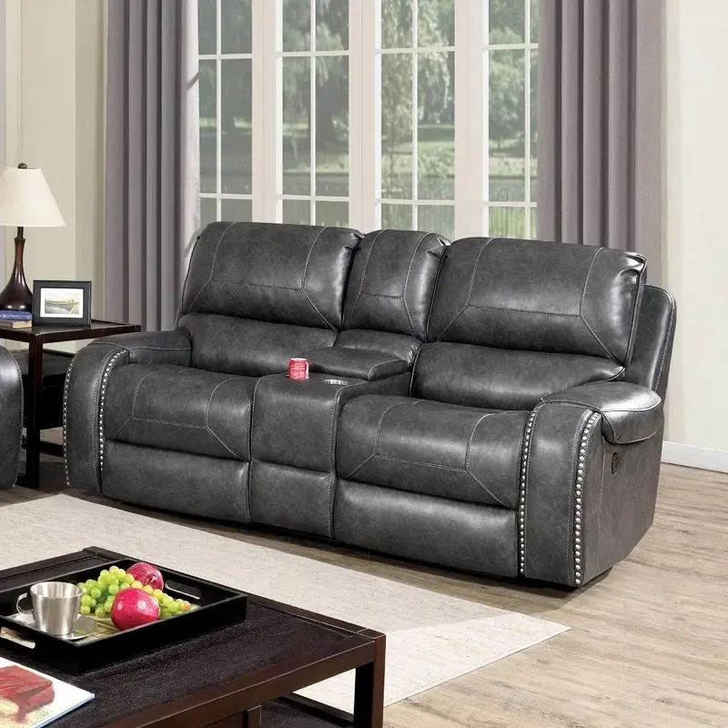 Moderno divano set sezionale grigio recling in pelle divano a due posti in stile americano console cinema teatro divano sedia con il supporto di tazza
