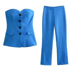 사용자 정의 여성 패션 스트리트웨어 세트 전면 버튼 끈이없는 섹시한 탱크 탑 + 사이드 슬릿 바지 여성 우아한 솔리드 바지 세트 - Product Image 3