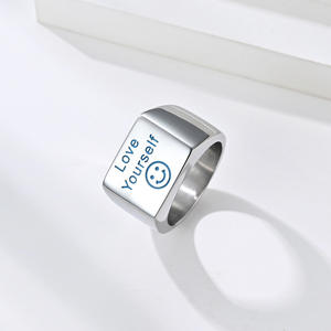 Love <b>Yourself</b> Blue Smiley Face Titanium Steel Ring Men's Fashion Jewelry Gift - Product Image 3