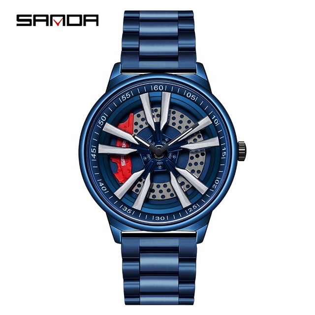 Sanda Waterproof Japan Quartz Men Rim Car Wheel Watches Stainless Steel Band Sports Rotating Spinning Watch