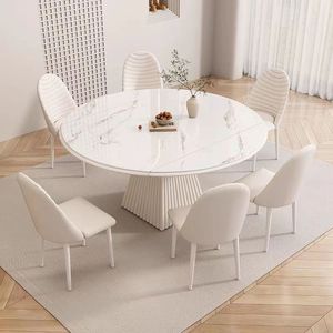 Dining <b>Table</b> And Chair Set Snow Mountain <b>White</b> Round Extendable For <b>Small</b> Homes And Apartments - Product Image 1