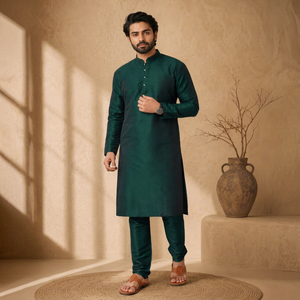 Wholesale Men Dark Green Silk Kurta Chinese Collar Ethnic Shirt <b>Indian</b> Traditional Party Wear Festive Tunic <b>Top</b> Custom - Product Image 1