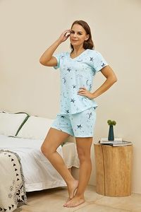 Pigiama in Cotone Personalizzato per Donna, Set con Scollo a V e Maniche Corte, Stampa Luna e Stelle, Morbido Abbigliamento da Notte in 2 Pezzi per l'Estate - Product Image 4