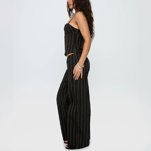 Women's <strong>Brown</strong> Black Striped Cami Crop Top and Wide Leg Pants Two-Piece Set Vintage Y2K Elegant Casual <strong>Outfit</strong> Two Piece Set - Product Image 3