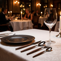 Service de couverts en acier inoxydable 430, finition miroir, anti-rayures, manche motif bois, 4 pièces, pour usage en restaurant
