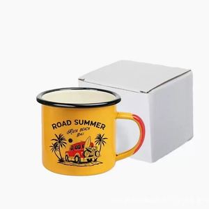 แก้วกาแฟเคลือบลายแคมป์ไฟร์  รักษ์โลก ทนทาน พิมพ์ลายซิลค์สกรีน ขนาด 3 ออนซ์ สีขาว ขอบสีดำน้ำเงิน ของขวัญส่งเสริมการขาย - Product Image 4