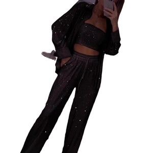 Manifattura stile personalizzato o Logo ODM Set tre pezzi da donna completo abito con <span class=keywords><strong>paillettes</strong></span> pantaloni larghi abiti con cinturino Casual da donna - Product Image 2
