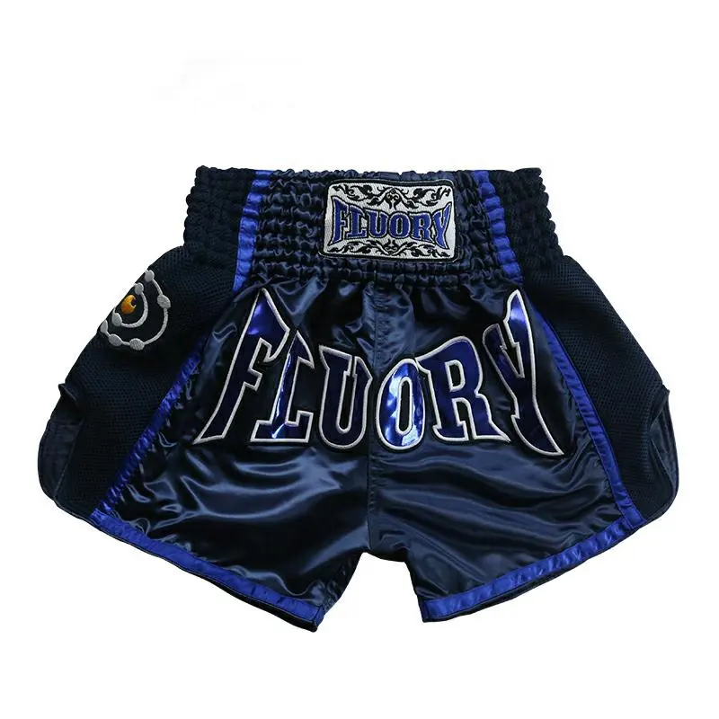 Short de Boxer MMA thaïlandais pour adultes, personnalisé de haute qualité, tissu en soie, bleu uni, 2020