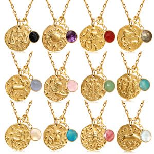 Vintage Rétro Horoscope Rond Coin Collier 18k PVD Plaqué Or En Acier Inoxydable Lien Chaîne 12 Signe Du Zodiaque Hommes Femmes Bijoux - Product Image 1