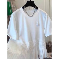 Nouvelle Collection Été 2026 – Blouse Blanche Chic et Élégante en Coton Plissé Perlé avec Dentelle et Patchwork, Coupe Ample Grande Taille, Style Français – Vente en Gros