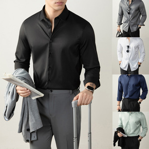 Chemises habillées pour hommes, style années 60, de luxe, mercerisées, unies, à manches longues, extensibles, infroissables, formelles et décontractées pour le bureau - Product Image 1