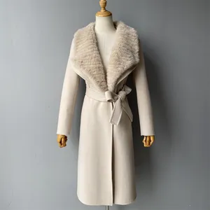 Vintage Custom Luxury Mink Fur Collar Elegant Long Double Faced Cashmere Coat Trench Belt Women Winter Coat Long Wool Overcoat