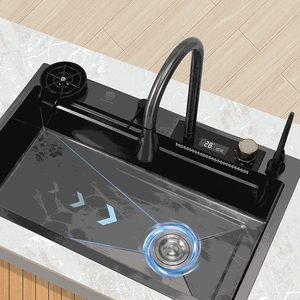Évier de cuisine à cuve unique grande taille en acier inoxydable SUS304 noir nano, fait main, style Harbour, pour usage domestique - Product Image 2